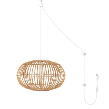 Leo 17.5" Farmhouse Coastal Rattan 180" Cord Plug-In or Hardwired LED Pendant - JONATHAN Y